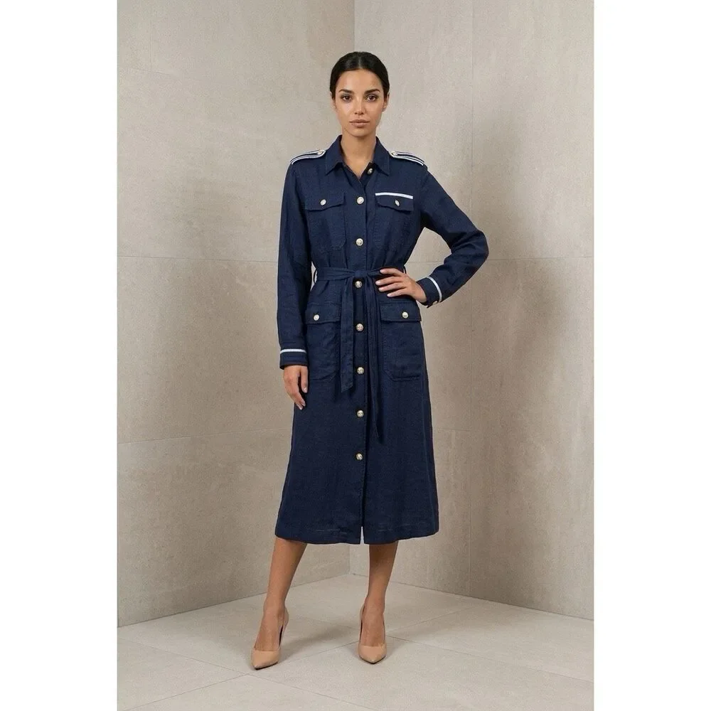 NWT L’AGENCE Kingsley Linen Shirt Dress Coat Navy Military Button Front Belted S